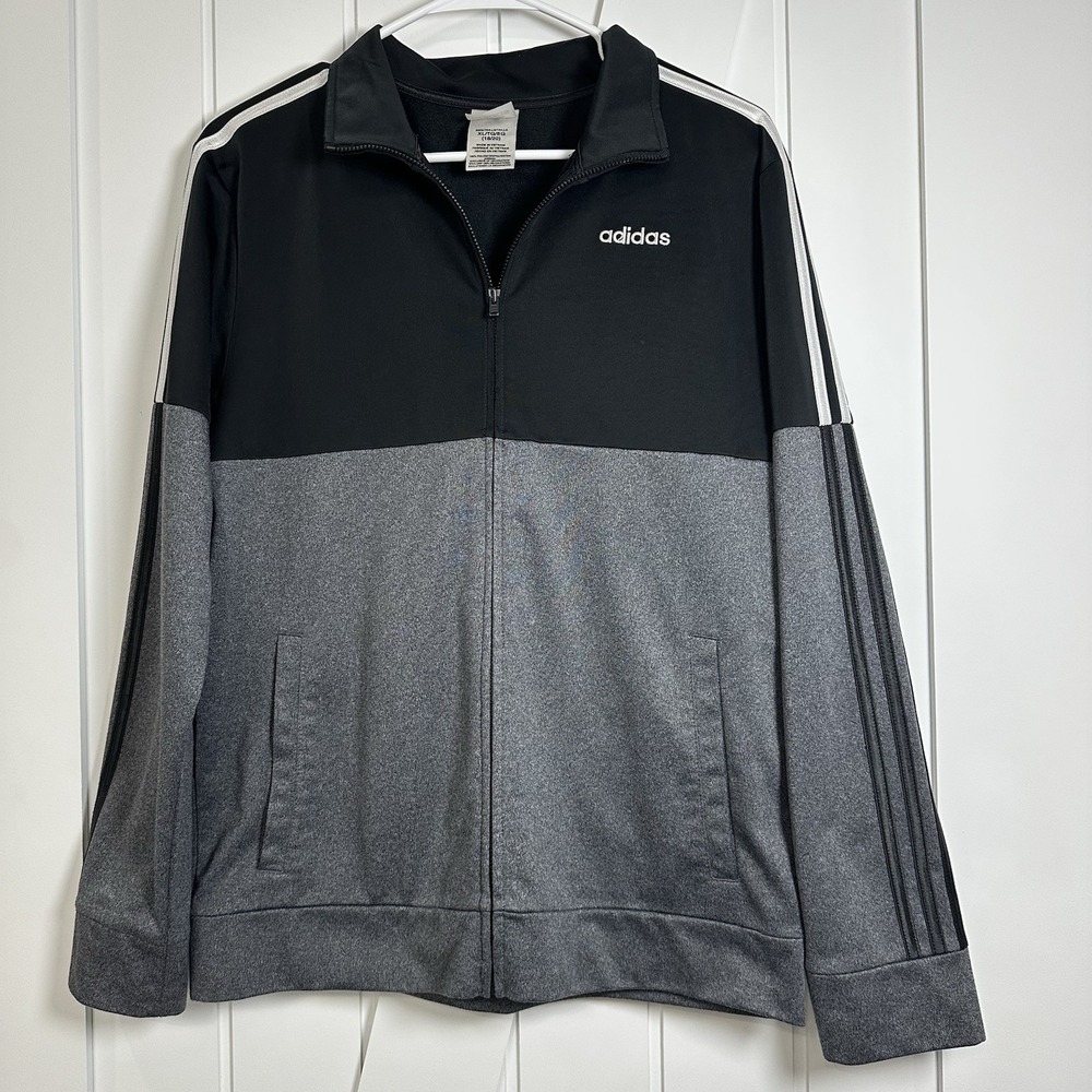 Adidas Youth Boys Track Jacket Black Gray Full Zip Size XL 18/20‎